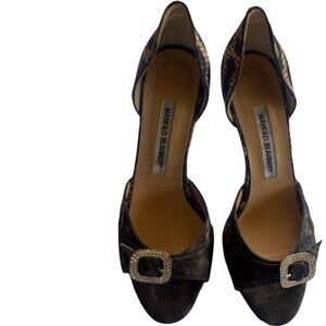Manolo Blahnik Women's Snakeskin Print Peep Toe Heels Rhinestone Buckle Size 6